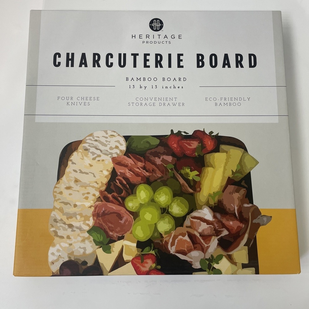 Heritage Products Charcuterie Board Bamboo 13in NEW Brown 4 Cheese Knives Drawer
